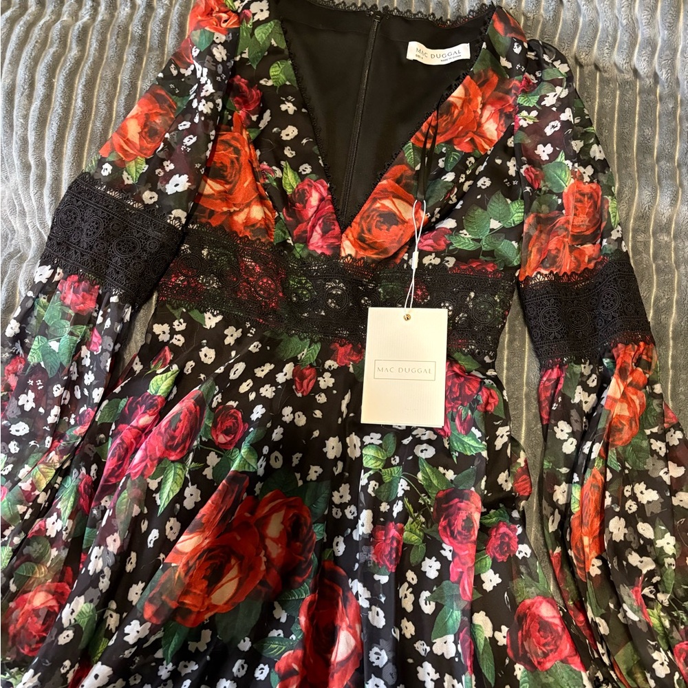 Mac Duggal Black Floral Long Sleeve Dress 4 - Picture 2 of 3